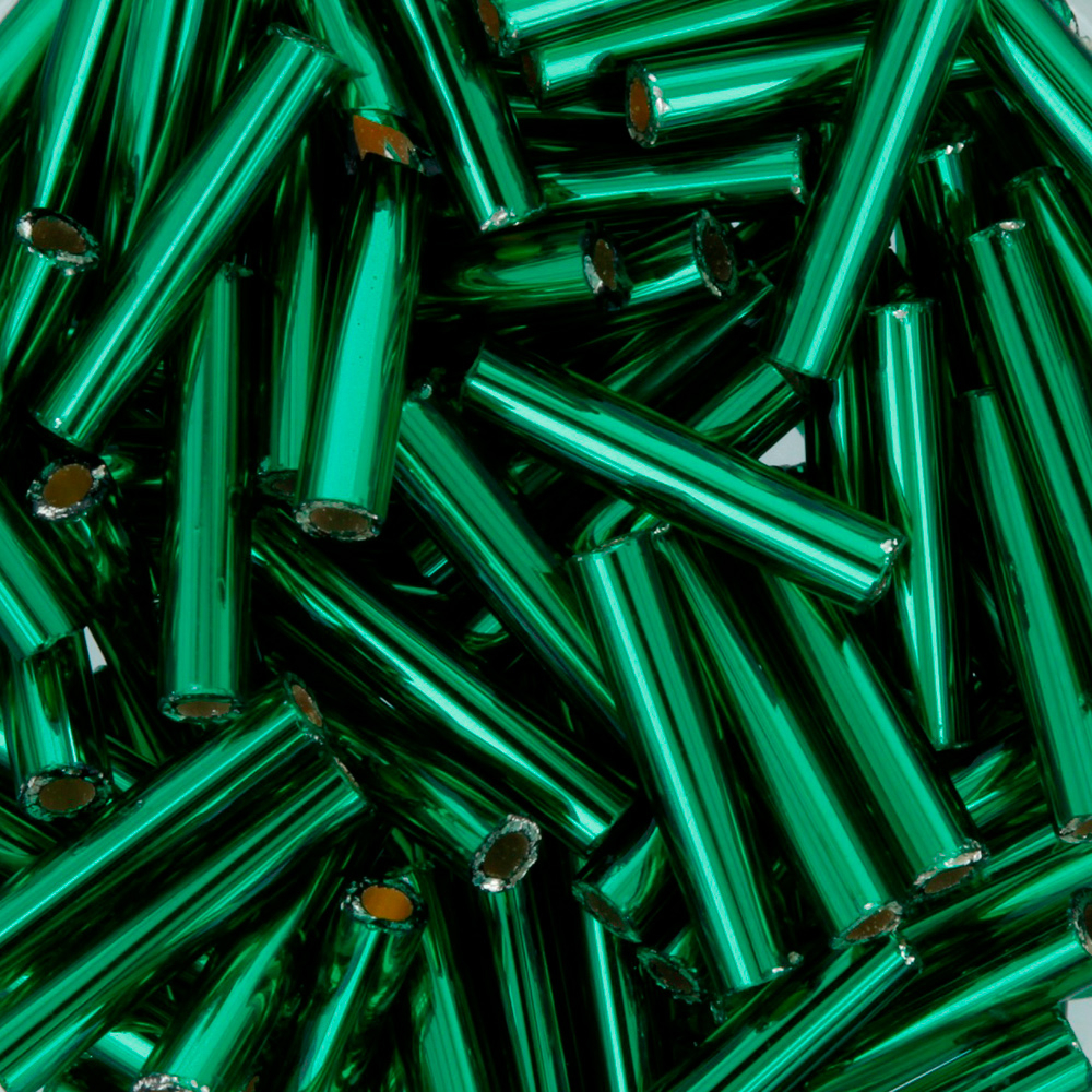 T336 Бисер TOHO Bugle, размер 9мм, Внутреннее серебрение, зеленый изумруд, 5 грамм