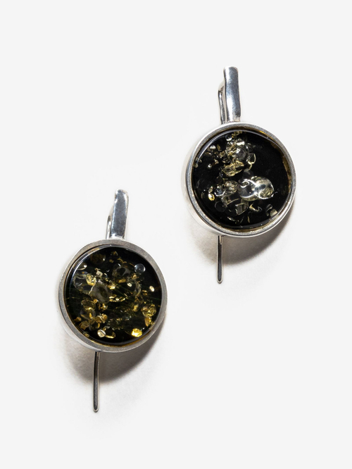 Серебряные серьги с цельным зеленым янтарем (15 мм), серебро 925 пробы