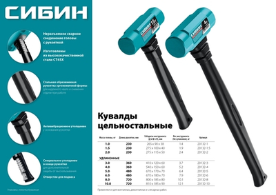 СИБИН 2 кг, 240 мм, цельностальная кувалда (20132-2)