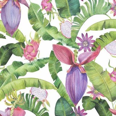 Фиолетовые цветы и фрукты. Акварельные тропики