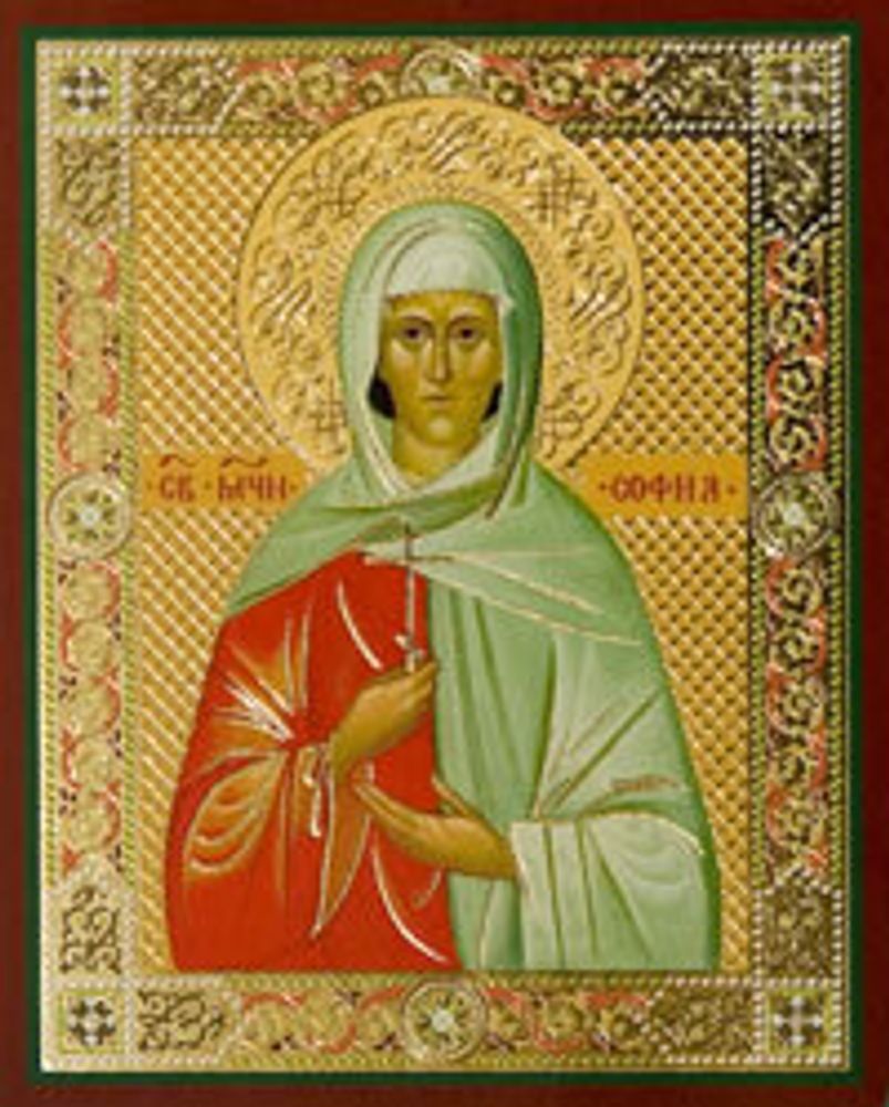 Икона на деревянной основе София Римская мц. 8х6 с тиснением золотой фольгой, в упаковке (Ермей)