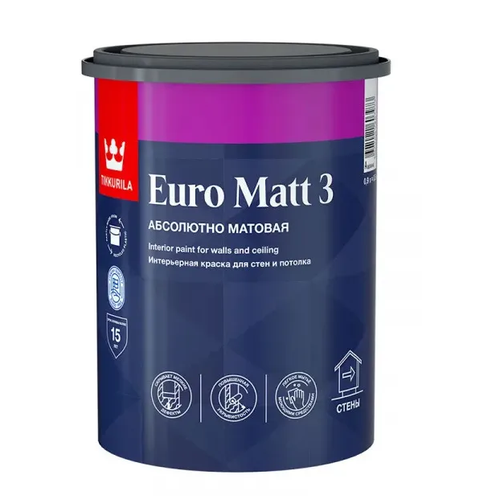 КРАСКА "EURO MATT-3"  0,9 Л (1/6)  ИНТЕРЬЕРНАЯ "ТИККУРИЛА" бесцветная (база С) маш.колеровка