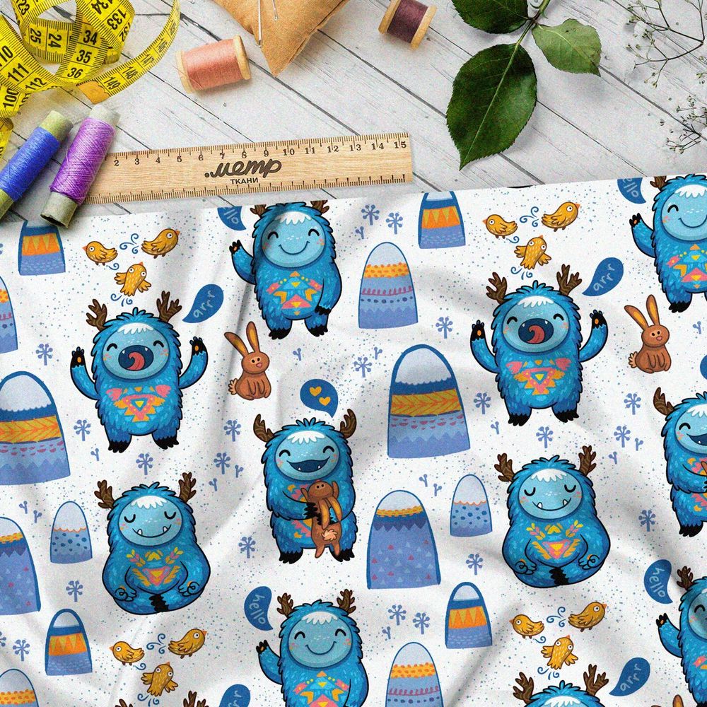 Ткань шелк Армани пушистые олени и зайки у синих сугробов