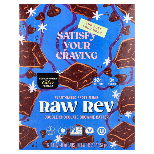 Raw Rev, Протеиновый батончик на растительной основе, двойное шоколадное тесто для брауни, 12 батончиков, 46 г (1,6 унции)