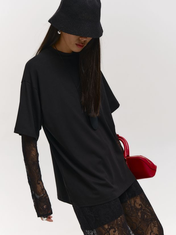 Лонгслив рукава из гипюра, черный