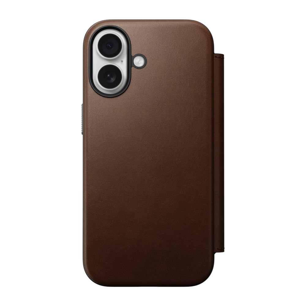 Кожаный чехол-книжка MagSafe Nomad Modern Leather Folio для iPhone 17 Гибридный укреплённый чехол из натуральной цельнозерновой кожи с сенсорной накладкой для Контроллера камеры. Есть отделение для купюр и встроенный картхолдер — вмещает до трёх карт