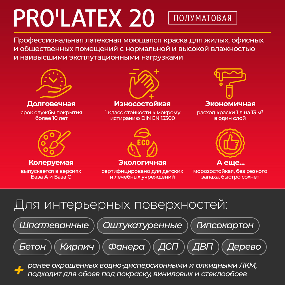 PARADE PRO'LATEX Е20 Краска латексная полуматовая для интерьера, база А, 2,7 л