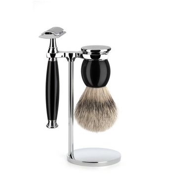 Бритвенный набор MUEHLE SOPHIST, черная смола, барсучий ворс высшей категории Silvertip, Т-образная бритва (станок)