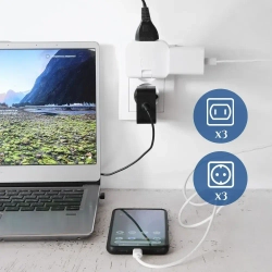 Тройник для розетки плоский поворотный, разветвитель 180 градусов, черный