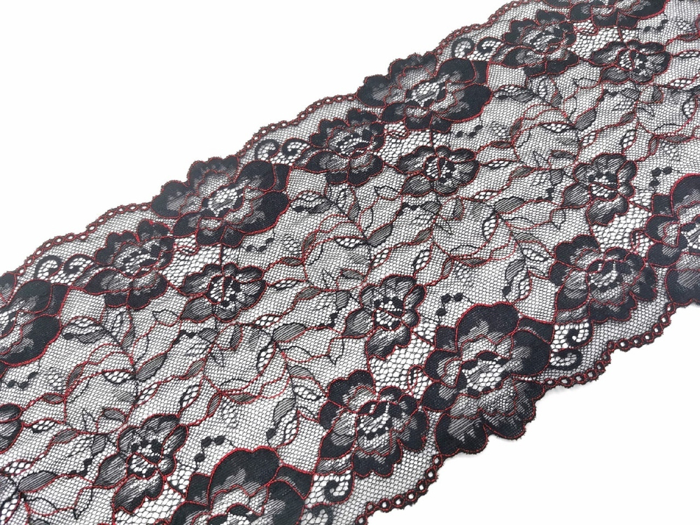 Эластичное кружево, ОПТ, 21 см, черное с красной кордовой нитью, (Арт: EK-2527), м