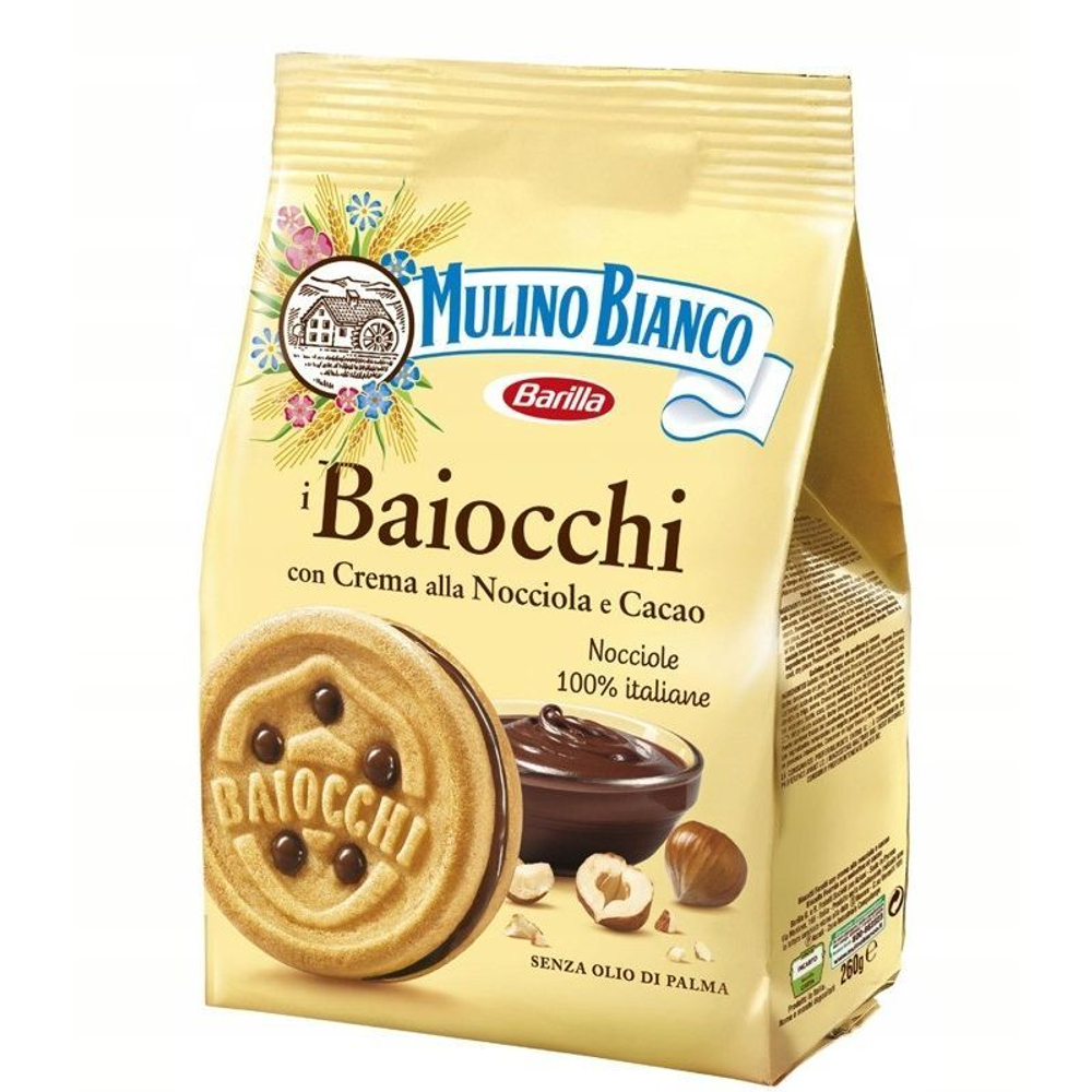 Печенье Mulino Bianco Baiocchi сандвичное сахарное с какао-ореховым кремом 260г