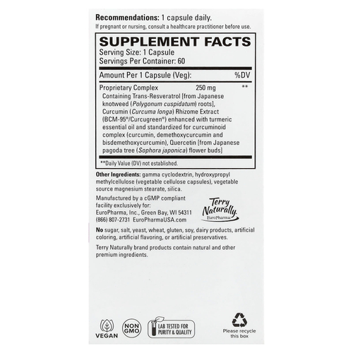 Terry Naturally, комплекс с ресвератролом с куркумином Bcm-95® и кверцетином, 60 капсул