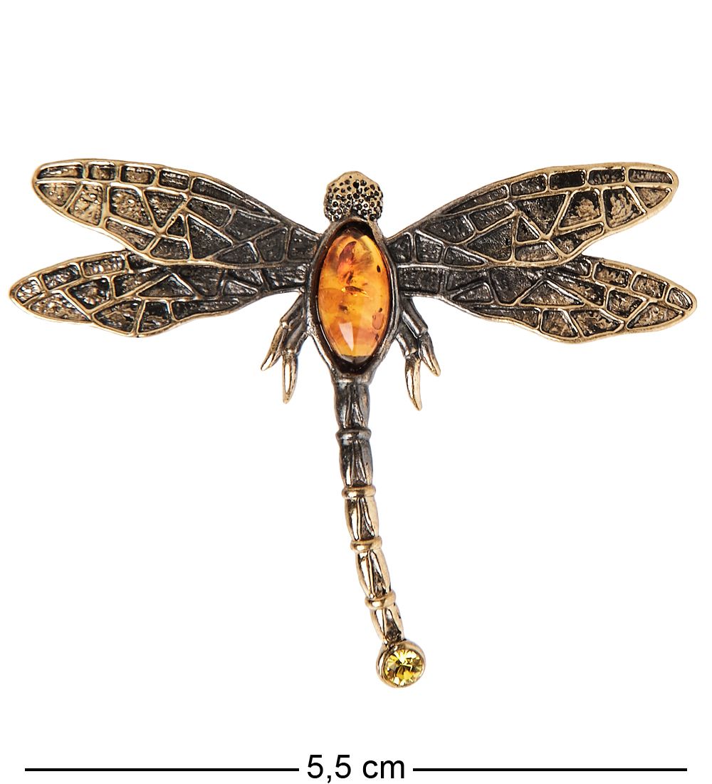 AM- 951 Брошь «Стрекоза со стразом» (латунь, янтарь)