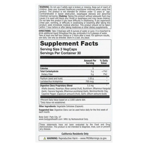 BodyGold, Digestive Clenz, пищеварительная добавка, 90 растительных капсул