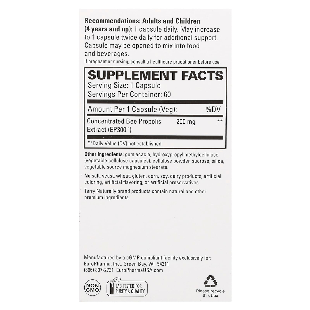 Terry Naturally, Экстракт прополиса EP300, 60 капсул (200 мг на капсулу)