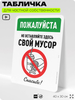 Табличка для частной территории "Пожалуйста, не оставляйте здесь свой мусор", на дом, для участка, организаций и частных территорий, предупреждающая, 40х30 см, Silver Plane x Айдентика Технолоджи