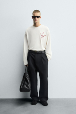 ZARA ФУТБОЛКА С ВЫШИВКОЙ BOXY FIT, БЕЛЫЙ