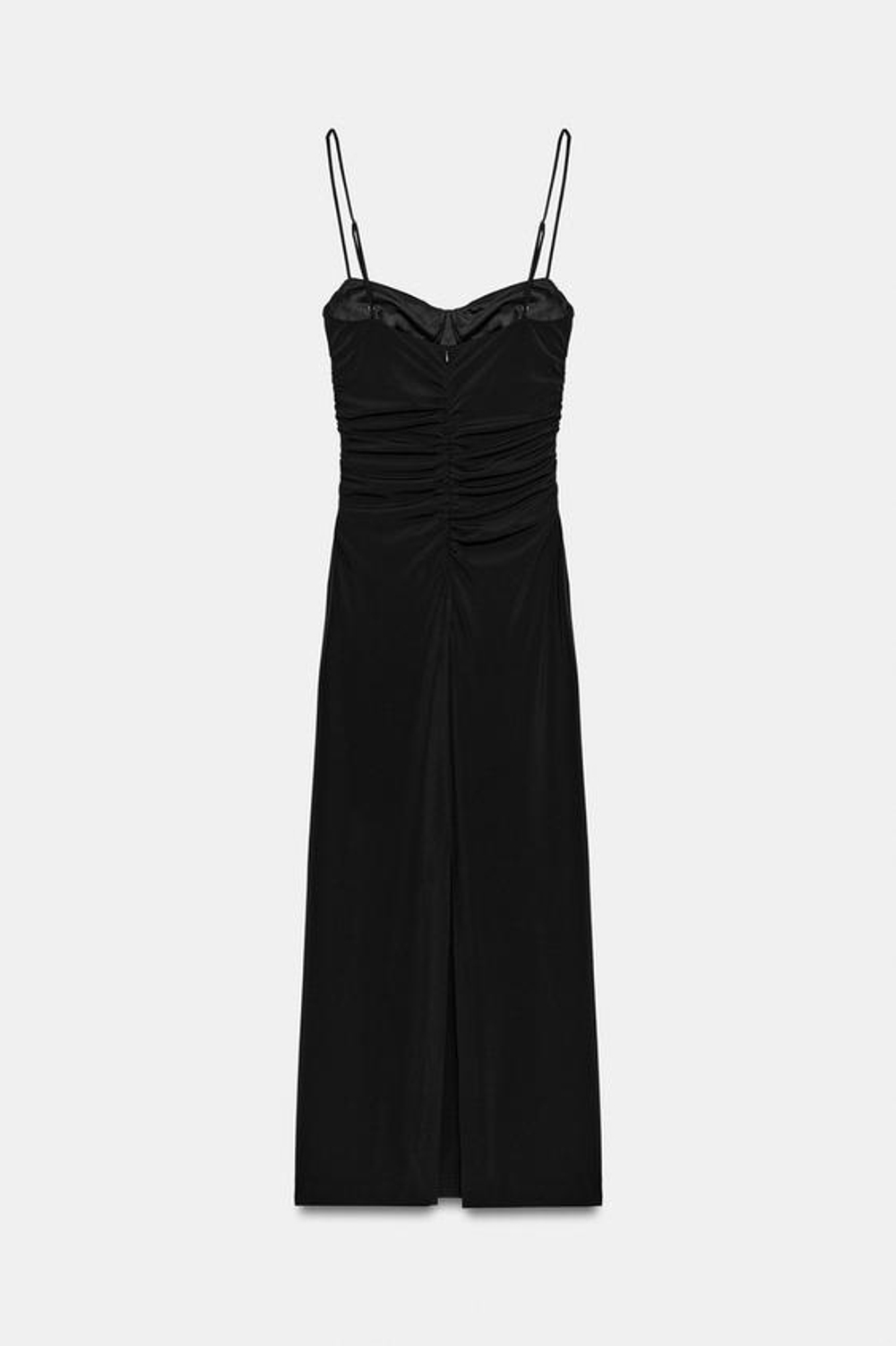ZARA ПЛАТЬЕ МИДИ СО СБОРКАМИ НА БРЕТЕЛЯХ, ЧЕРНЫЙ