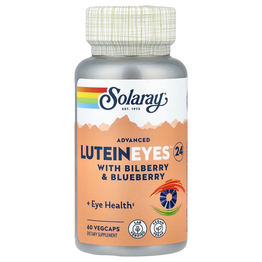 Solaray, Advanced Lutein Eyes 24, улучшенная формула с лютеином для здоровья глаз, с черникой и голубикой, 60 капсул VegCaps
