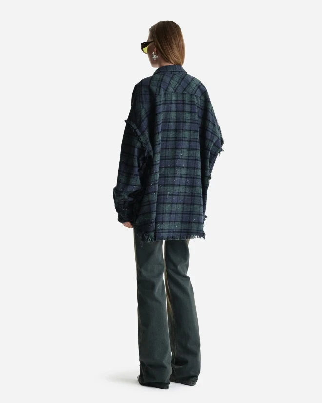 Рубашка в клетку с необработанным краем сине-зеленая