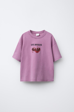 ZARA ФУТБОЛКА С ПРИНТОМ «ФРУКТЫ», БУРГУНДСКИЙ