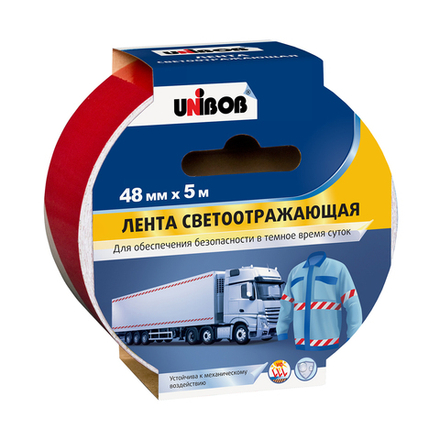 Лента клейкая разметочная Unibob 48 мм x 5 м, светоотражающая, красно-белая