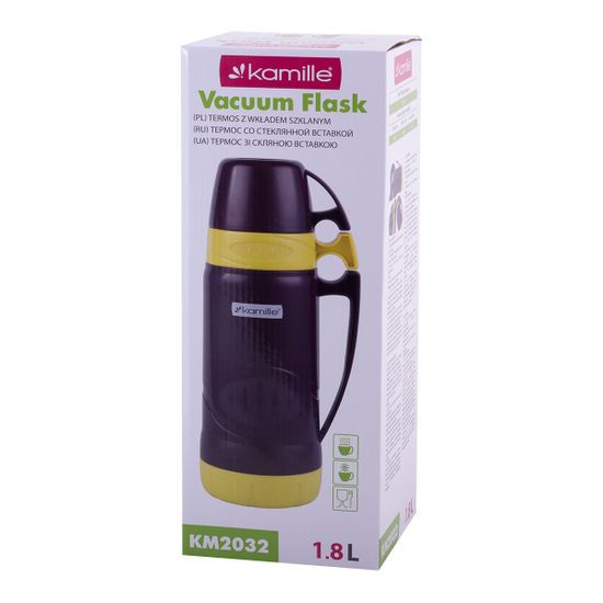 Термос 1,8 л. со стеклянной колбой Kamille KM 2032 пластиковый, 2 чашки