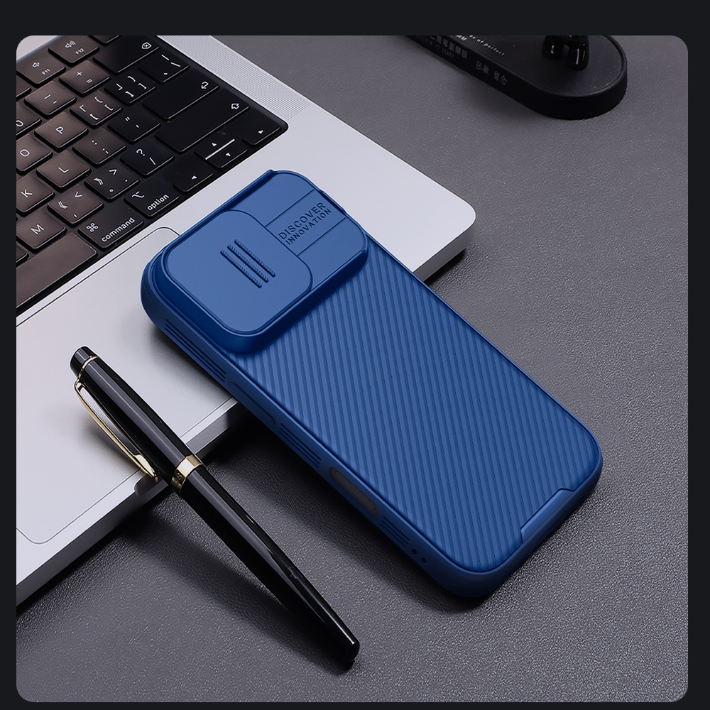 Чехол синего цвета от Nillkin c поддержкой магнитной зарядки MagSafe для iPhone 16 Pro, с защитной шторкой камеры, серия CamShield Pro Magnetic