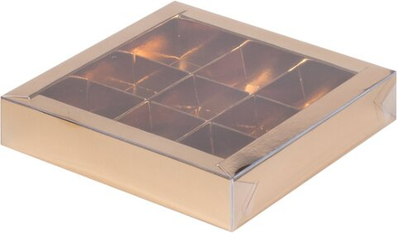 Коробка для конфет 9 шт с пластиковой крышкой,15,5 х 15,5 х 3 см, золото