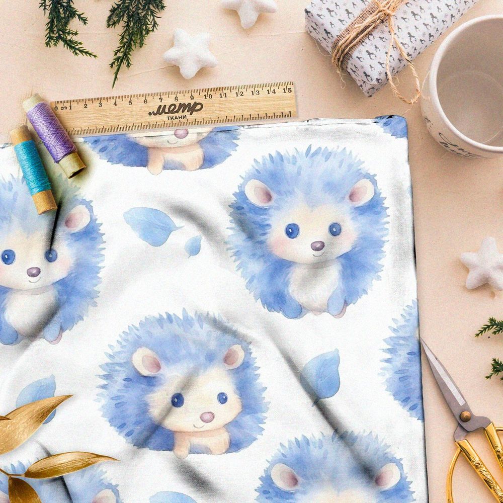 Ткань премиум интерлок голубые ежи