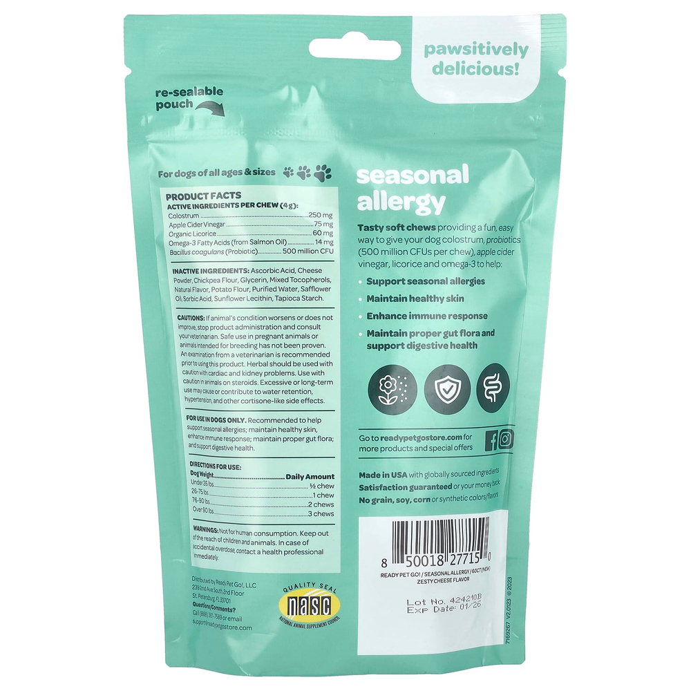 Ready Pet Go, Seasonal Allergy, для собак, для всех возрастов, пикантный сыр, 60 жевательных таблеток, 240 г (8,5 унции)