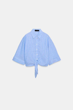 ZARA РУБАШКА С УЗЛОМ ИЗ СМЕСОВОГО ЛЬНА, СИНИЙ/БЕЛЫЙ