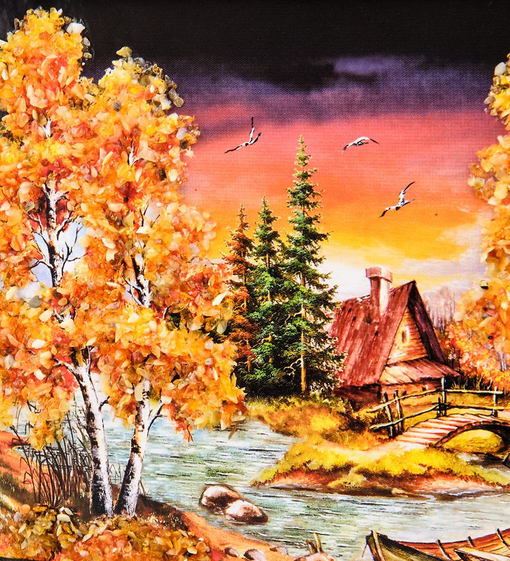 AMB-74/47 Картина «Избушка в лесу» (с янтарной крошкой) дер.краш.рамка 12х15