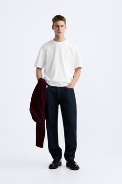 ZARA ФУТБОЛКА REGULAR FIT INTERLOCK, БЕЛЫЙ