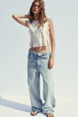 ZARA ДЖИНСЫ TRF С ВЫСОКОЙ ПОСАДКОЙ И ОТВОРОТОМ, ГОЛУБОЙ