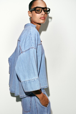 ZARA ДЖИНСОВАЯ РУБАШКА Z1975 С ШИРОКИМИ РУКАВАМИ, ВЫЦВЕТШИЙ СИНИЙ