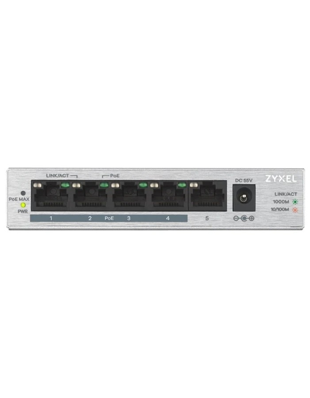 Коммутатор ZYXEL GS1005HP-EU0101F PoE+ коммутатор GS1005HP, 5xGE (4xPoE+), настольный, металлический, бесшумный, бюджет PoE 60 Вт