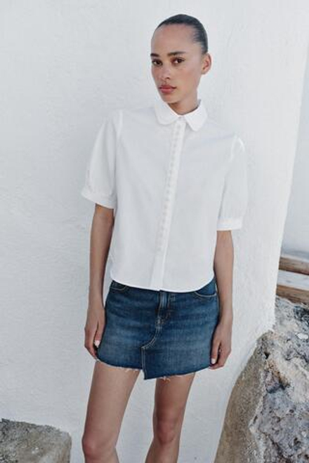 ZARA РУБАШКА С КОРОТКИМИ РУКАВАМИ И БУСИНАМИ, БЕЛЫЙ