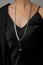 Колье 2 ряда: белый жемчуг Майорка и цепь ролло, оттенок серебро