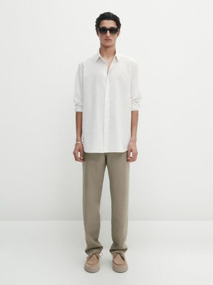 Massimo Dutti Рубашка классического кроя из хлопка и льна в полоску, песочный