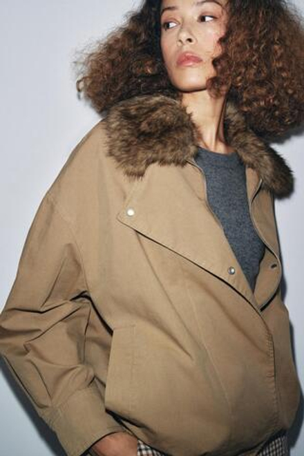 ZARA КУРТКА-БОМБЕР С МЕХОВЫМ ВОРОТНИКОМ — ZW COLLECTION, ТЕМНЫЙ БЕЖЕВО-КОРИЧНЕВЫЙ
