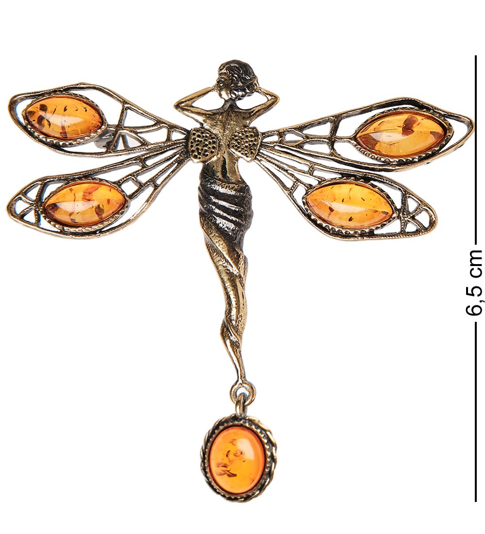 AM-1746 Брошь «Стрекоза Фея с бантиком» (латунь, янтарь)