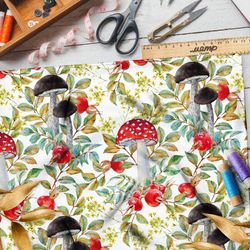 Ткань габардин крупные лесные грибы и клюква