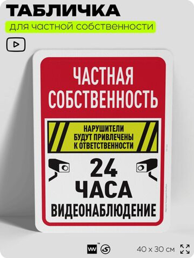 Табличка для частной территории "Частная собственность, видеонаблюдение 24 часа", на дом, для участка, организаций, предупреждающая, 40х30 см, Silver Plane x Айдентика Технолоджи