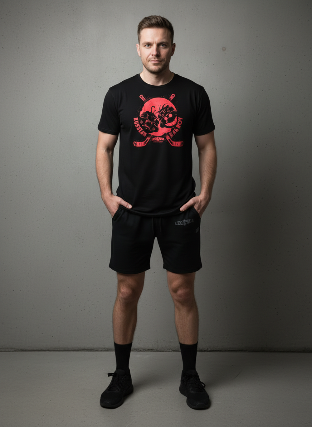 Футболка спортивная хлопковая мужская черная LEGENDA Хоккеисты красные