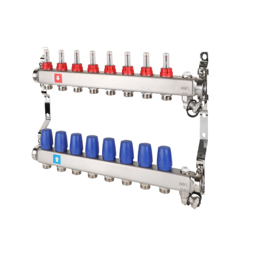 Коллектор MVI с расходомерами, дренажным краном и краном Маевского 1" х 3/4"ЕК 8вых.