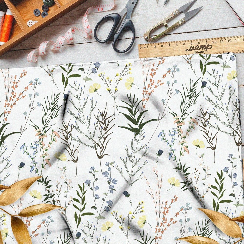 Ткань атлас утончённые веточки с листвой