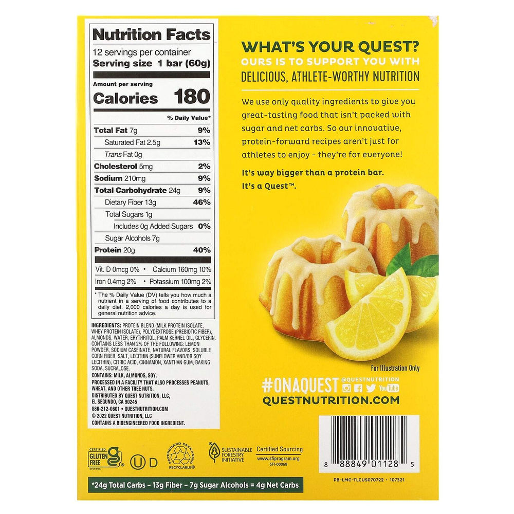 Quest Nutrition, протеиновый батончик, вкус лимонного пирога, 12 батончиков, 60 г (2,12 унции) каждый