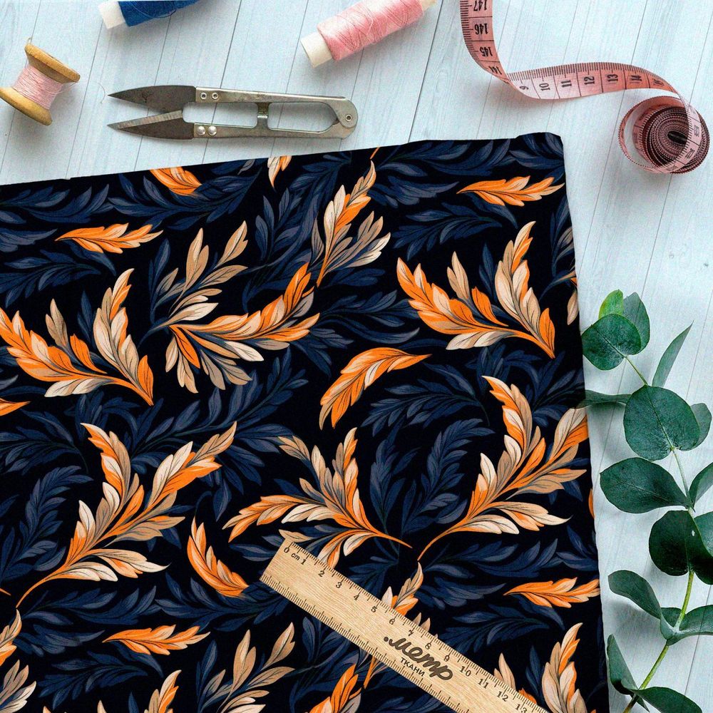 Ткань премиум шелк искусственный Армани фантазийные листья