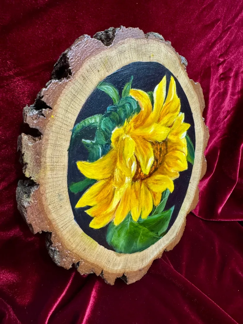 Подсолнух - картина маслом на срезе дуба с корой | Художница Ольга Ефимова